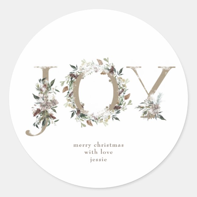 Round Sticker Christmas JOY Kraft Holiday Florals (Front)