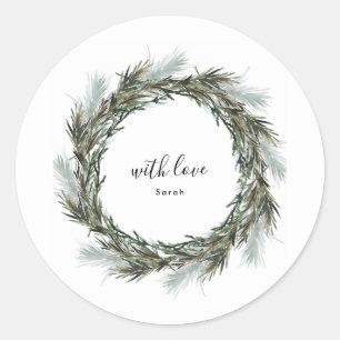 Round Sticker Pine Snow Wreath Christmas Holiday