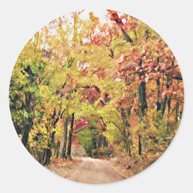 Round Sticker with Autumn Country Road Scene (Front)