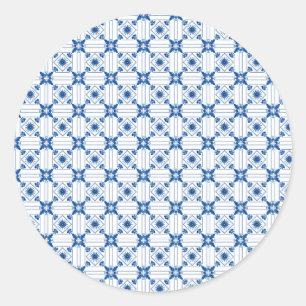 Round sticker with intricate blue and white 