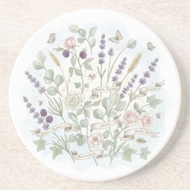 Round Stone Coaster – Botanical Watercolor  (Front)