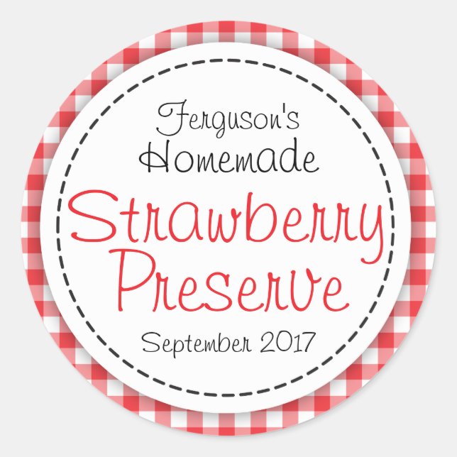 Round strawberry preserve or jam jar food label (Front)