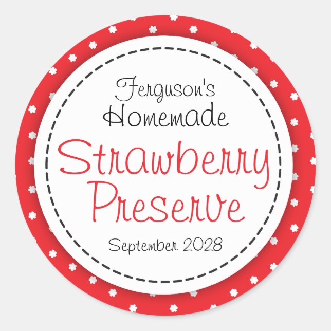 Round strawberry preserve or jam jar food label (Front)