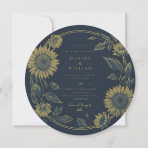 Round sunflower navy yellow wedding invitation