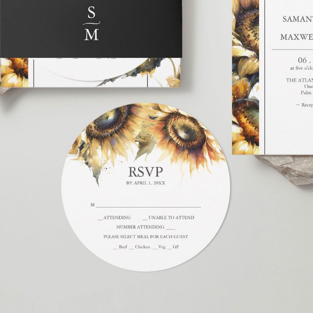 Round Sunflower RSVP Card Stackable Invitations  (Stacked wedding invitations with rsvp rustic watercolor sunflower design by Do Tell A Belle.)