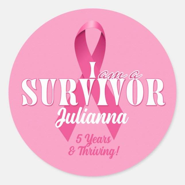 Round Survivor Breast Cancer Awareness Name Classic Round Sticker (Front)