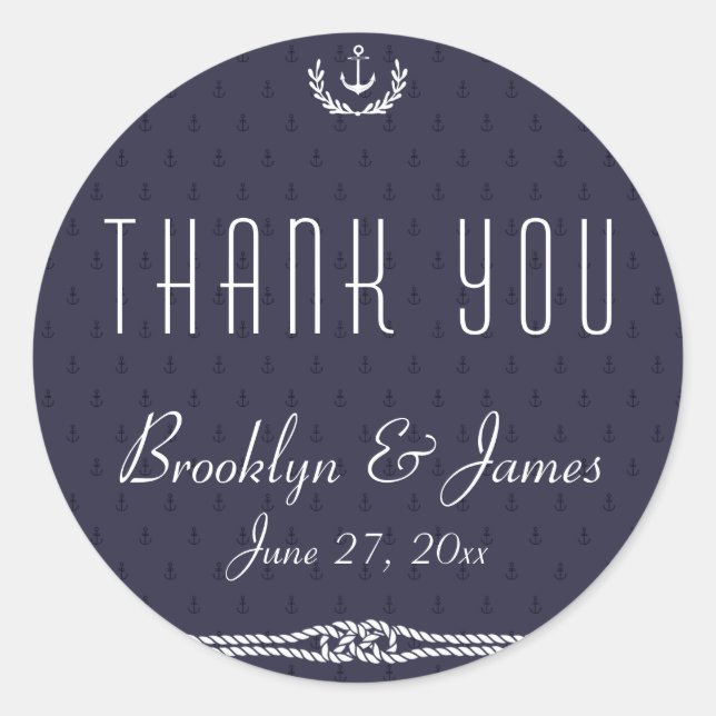 Round Thank You Nautical Wedding Stickers Anchors (Front)