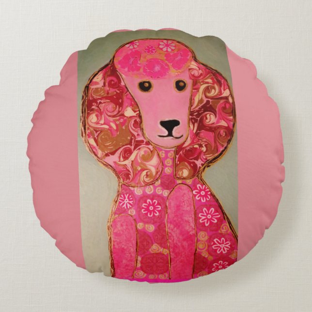 Round Throw Pillow (16 inch) with Pink Poodle Dog (Front)