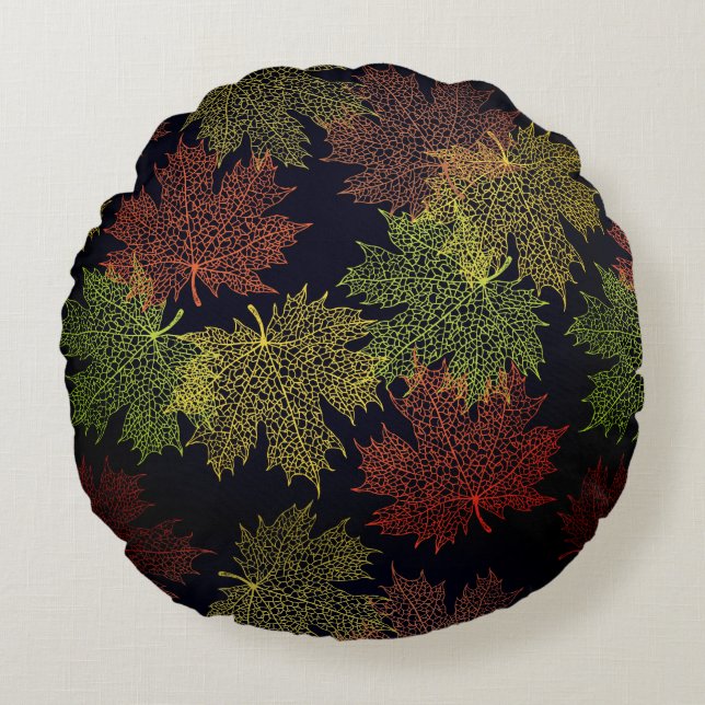 Round Throw Pillow-Autumn Falling Leaves Cushion (Front)