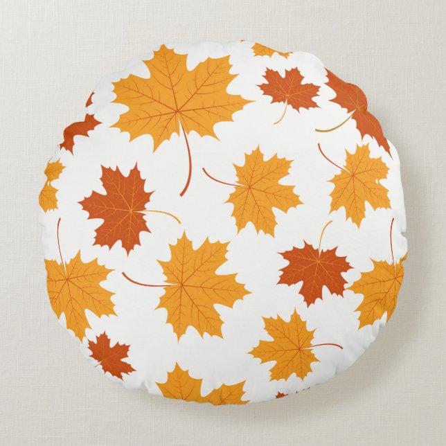Round Throw Pillow-Autumn Falling Leaves Cushion (Front)
