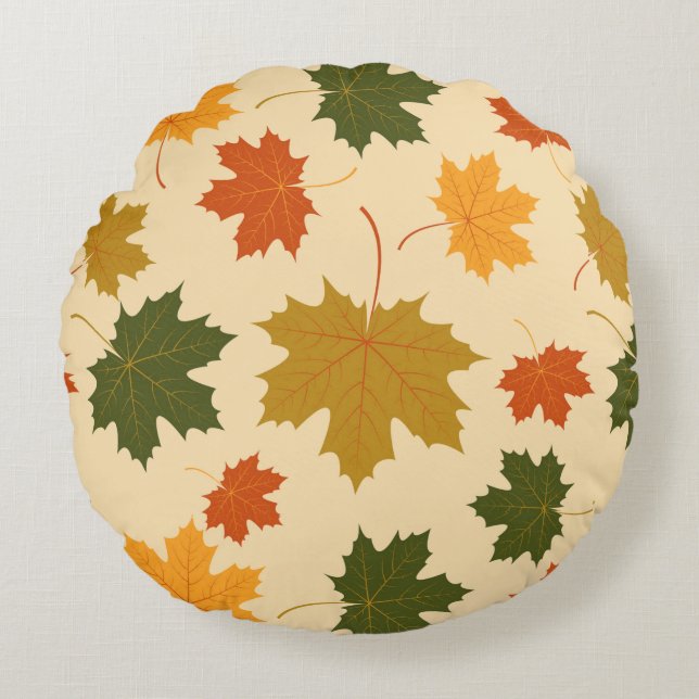 Round Throw Pillow-Autumn Falling Leaves Cushion (Front)