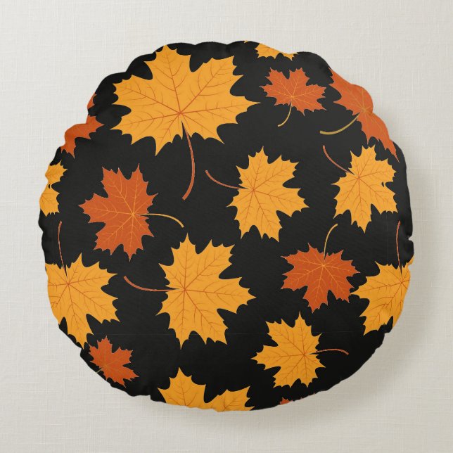Round Throw Pillow-Autumn Falling Leaves Cushion (Front)