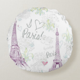 Round Throw Pillow/I Love Paris with Eiffel Tower Cushion
