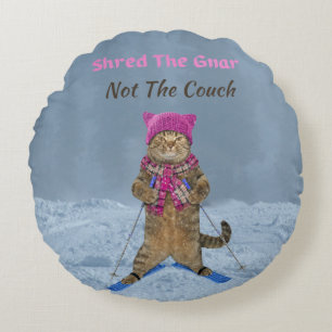 Round Throw Pillow, Shred the Gnar Ski Cat Round Cushion