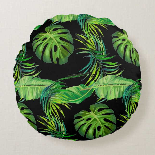 Round Throw Pillow-Tropical Leaves Cushion (Front)