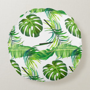 Round Throw Pillow-Tropical Leaves Round Cushion