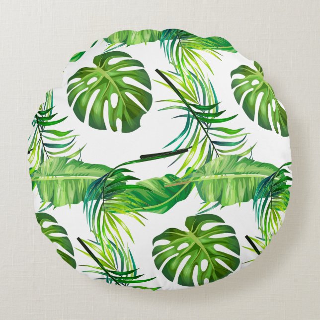 Round Throw Pillow-Tropical Leaves Round Cushion (Front)