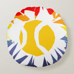 Round throw pillow with coloured tennis ball desig
