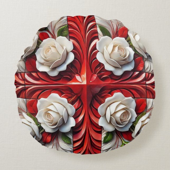 Round Throw Pillow with English Roses (Front)