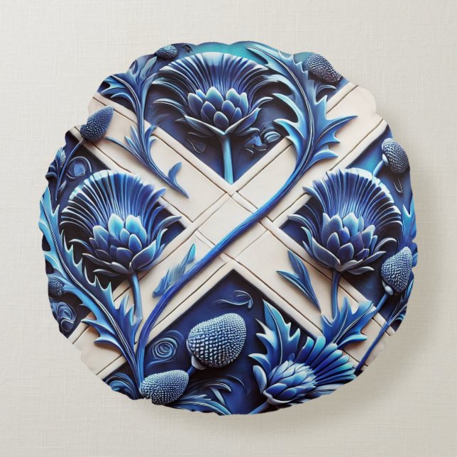 Round Throw Pillow with Scottish Thistles Design (Front)