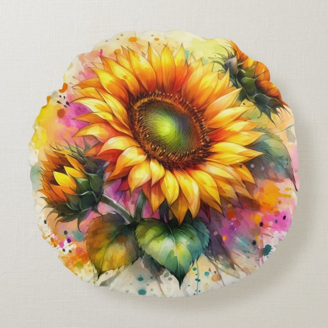 Round Throw Pillows - Beautiful Sunflowers, Art (Front)