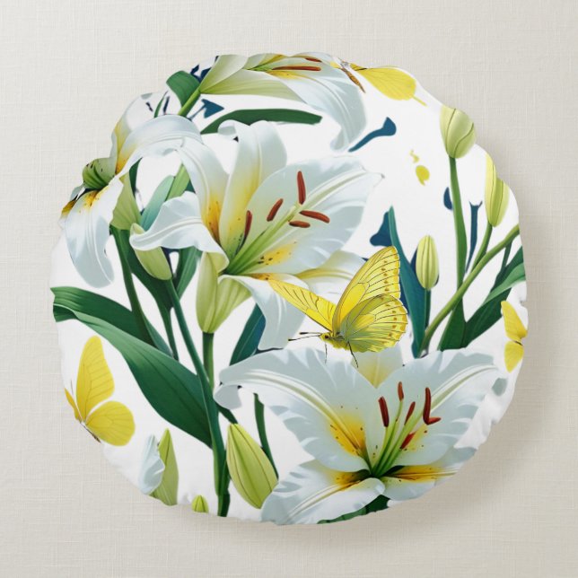 Round Throw Pillows White Lily Yellow Butterfly  (Front)