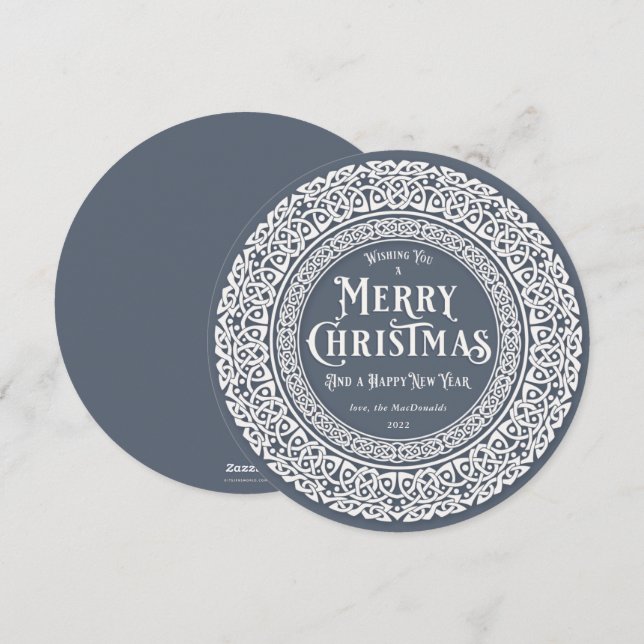 Round Vintage Blue + Off White Celtic Holiday Card (Front/Back)
