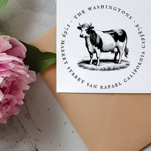 Round Vintage Cow Family Name Return Address Rubber Stamp