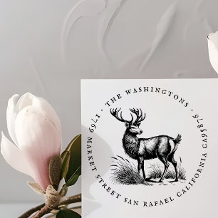 Round Vintage Deer Family Name Return Address Rubber Stamp