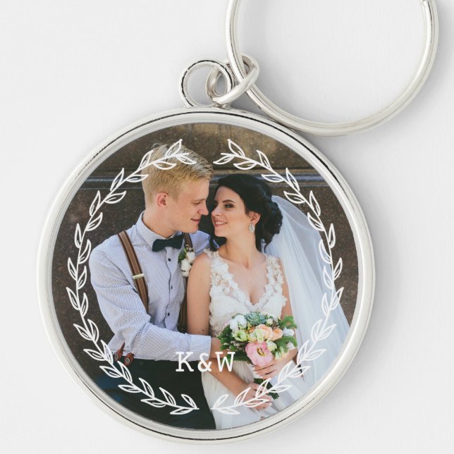 Round Vintage Frame Monogrammed Photo Key Ring (Front)
