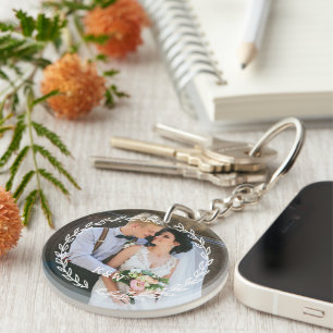 Round Vintage Frame Monogrammed Photo Key Ring