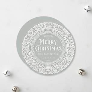 Round Vintage Green + Off White Celtic Holiday Card