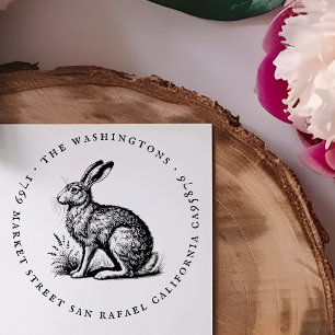 Round Vintage Hare Family Name Return Address Rubber Stamp