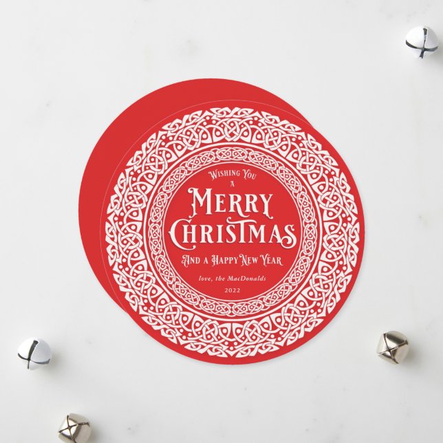Round Vintage Red + Off White Celtic Holiday Card (Front/Back In Situ)