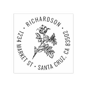 Round Vintage Rose Family Name Return Address Rubber Stamp