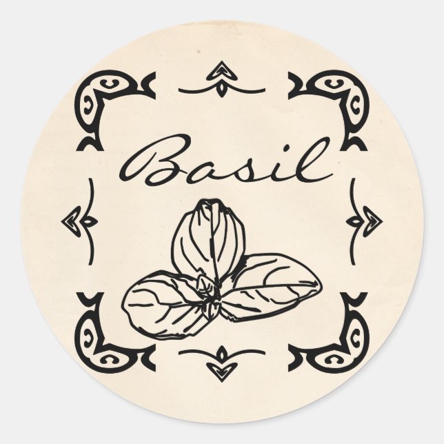 Round Vintage-Style Basil Sticker (Front)
