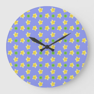 Round Wall Clock: Primroses on Violet Blue, Polkas Large Clock