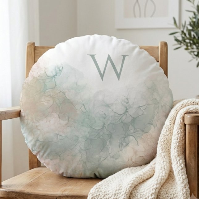 Round Watercolor Abstract Initial Cushion (Soft watercolor initial round pillow, perfect for a cozy living room update or a thoughtful gift.)