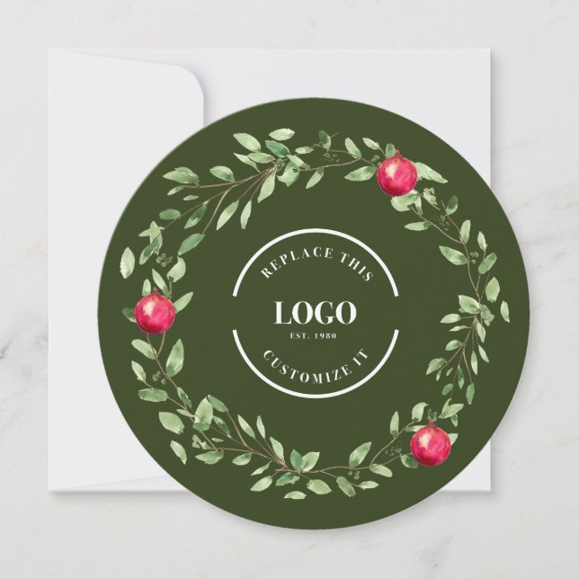 Round watercolor Wreath Green Red logo Christmas  Holiday Card (Front)