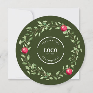 Round watercolor Wreath Green Red logo Christmas  Holiday Card