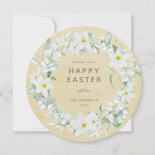 Round White Floral Wreath Happy Easter Flat Card