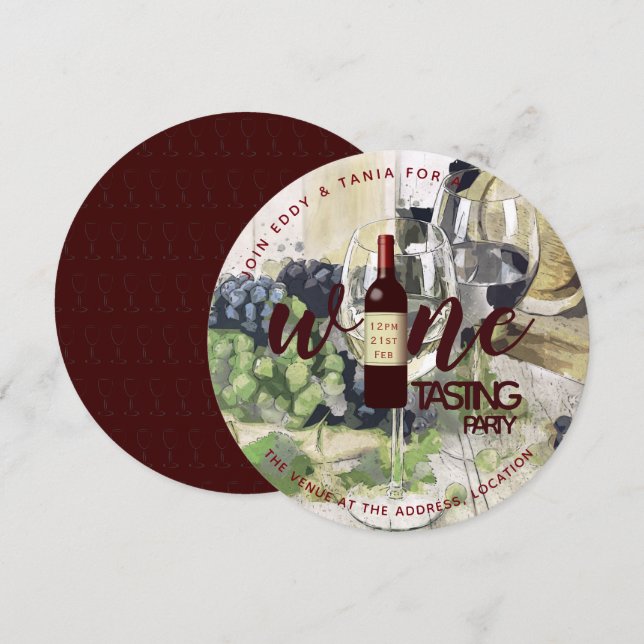 ROUND Wine Tasting Party Invitations Watercolor (Front/Back)