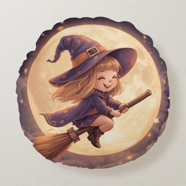 Round Witch Halloween Pillow – Spooky Decor (Front)