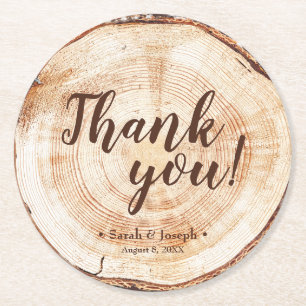 Round Wood Cut slice Rustic Wedding Thank You Paper Coaster
