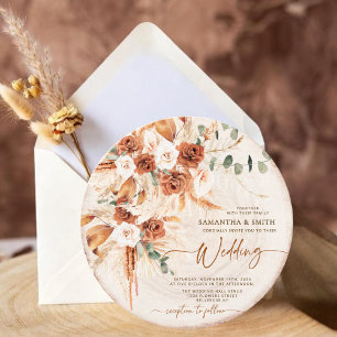 Round Wood Grain Boho Pampas Grass Photo Wedding  Invitation