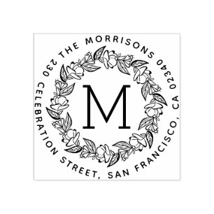 Round Wreath Monogram Family Name Return Address Rubber Stamp