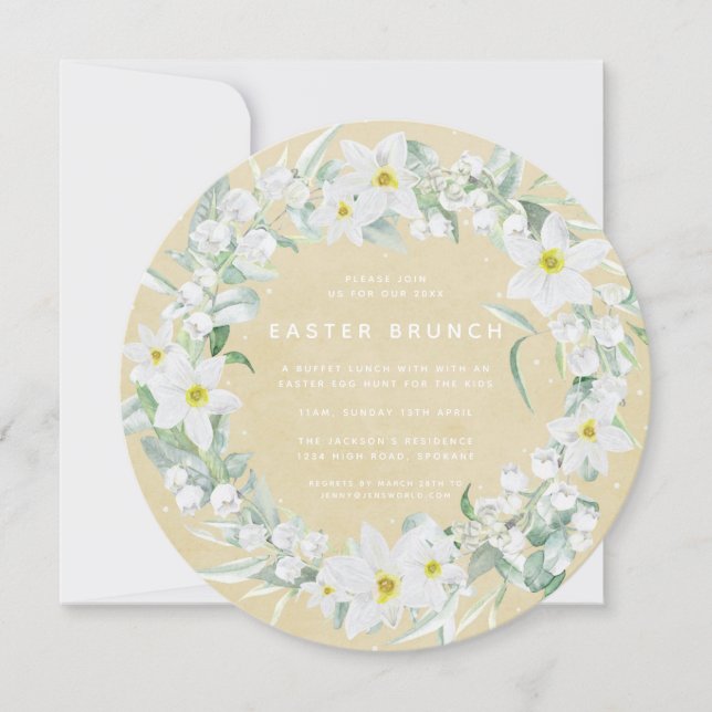 Round Yellow + White Floral Wreath Easter Brunch Invitation (Front)