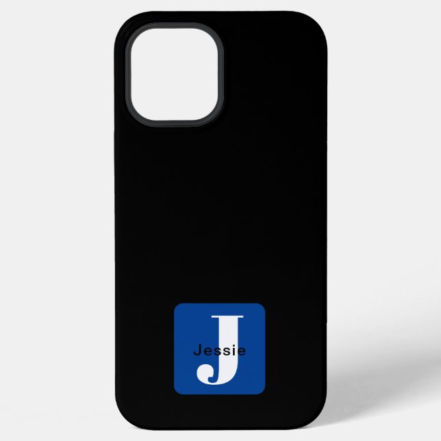 Rounded Box Name & Monogram | Black White & Blue iPhone Case (Back)