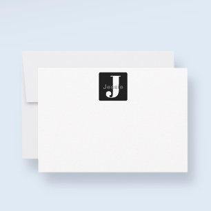 Rounded Box Name & Monogram Black White & Grey Thank You Card