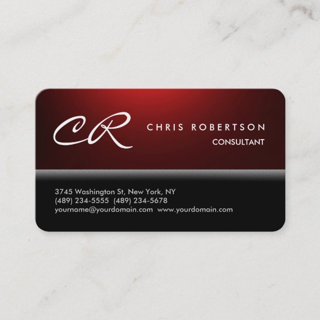Rounded Corner Monogram Black Red Business Card (Front)